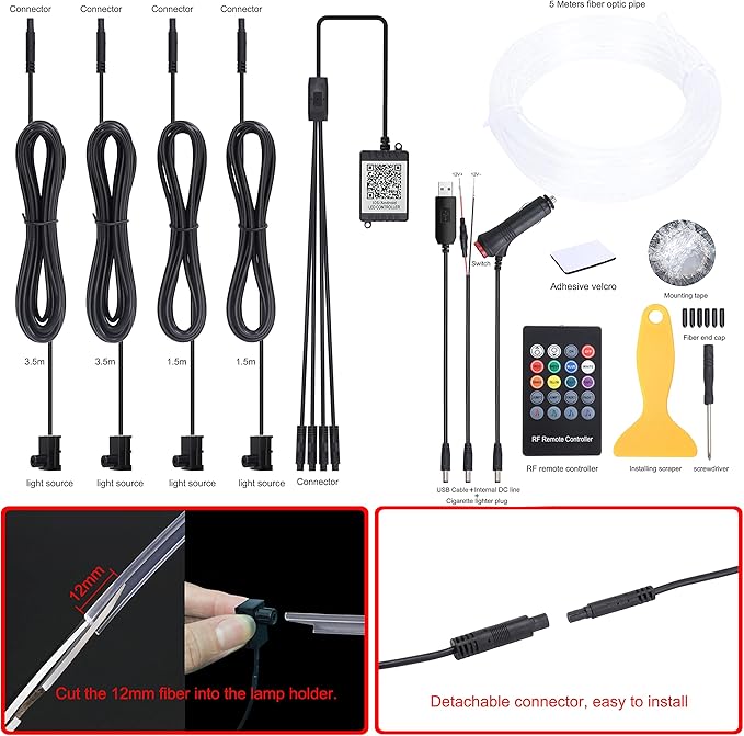 Car Atmosphere Light Kit 5m Fiber Optic RGB Multicolor Sound Active Music Sync Memory Function RF Remote Controller + Bluetooth APP Control 64 Colors USB Car Interior Ambient Lighting Kit 12V