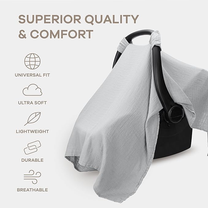 Comfy Cubs Baby Car Seat Cover - Soft, Breathable Bamboo Rayon and Muslin Cotton Blend - Lightweight Canopy for Sun, Bug, and Comfort Protection - Large Size Infant Seat Cover in Heather Blue Design