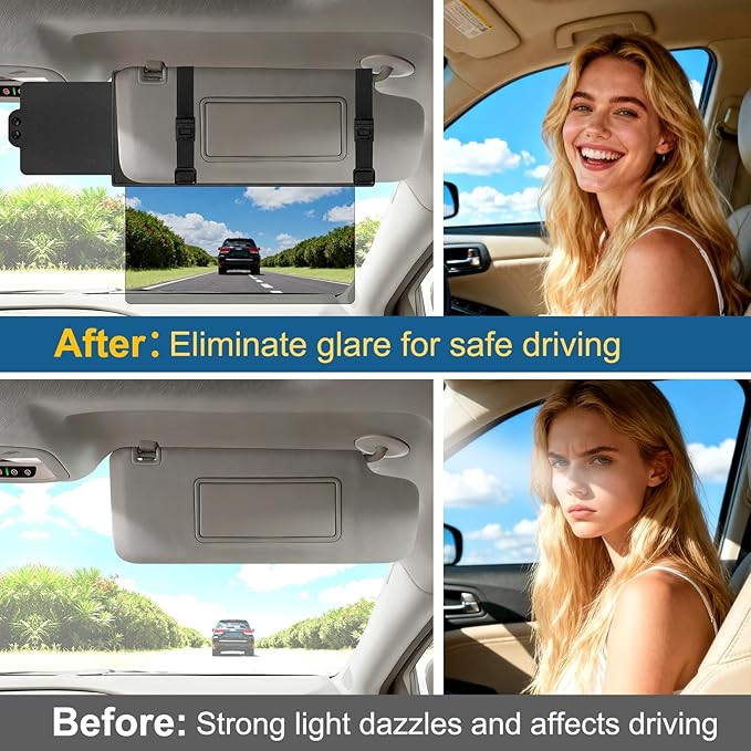 Veharvim Sun Visor Extender for Car (Polarized, UV400, PC Lens, Side Sunshade, Straps&Adjusters), Car Visor Extender Sun Blocker, Visor Extender Attachment, Anti-Glare for Safe Driving(Passenger Side)
