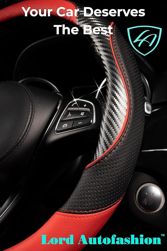 Lord Autofashion Steering Wheel Cover – PU Leather, Non-Slip Rubber Inner, All-Season Comfort – 14.5–15 Inch (Black/Red 7685)