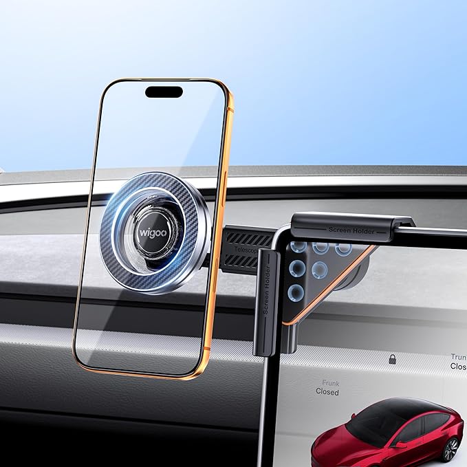 Wigoo Magnetic Phone Mount for Tesla Model 3/Y/S/X Accessories, 【Strongest Magnet & No Blocking View】Screen Side Magnetic Holder for Magsafe iPhone 17-12 & Android - Vacuum & Extendable Arm (No Glue)