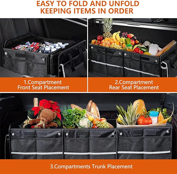 AOPHY Car Trunk Organizer with Insulated Cooler Bag, Foldable & Waterproof Storage Organizer with Lid for SUV, Truck, Sedan - 4 Large Adjustable Compartments, Heavy Duty & Collapsible Design
