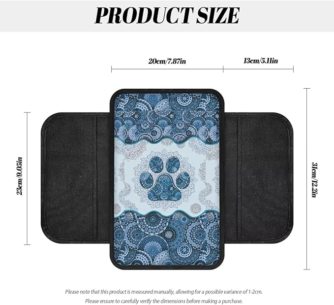 Boho Mandala Dog Paw Pattern Car Armrest Cover with Side Pockets Stretchy Car Armrest Cushion Wear-Resistan Automobile Box Cover Protector Center Console Armrest Cover Pad, Blue