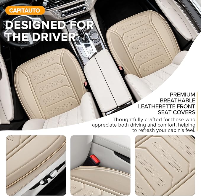 2 Pack Front Leatherette Seat Covers Faux Leather Bottom Car Seat Covers, Super Breathable,Anti-Slip,Universal Seat Covers for Cars,Full Wrapping Edge Fit for Most Sedans SUV Pick-up (2 Pack Beige)