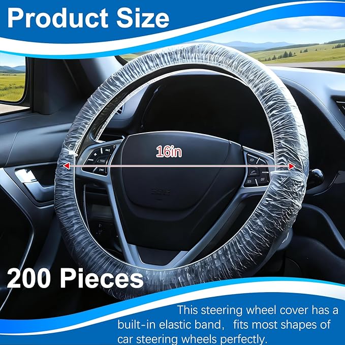 200PCS Disposable Steering Wheel Covers, Elastic Universal Plastic Steering Wheel Protector for Automotive Car Interior Accessories