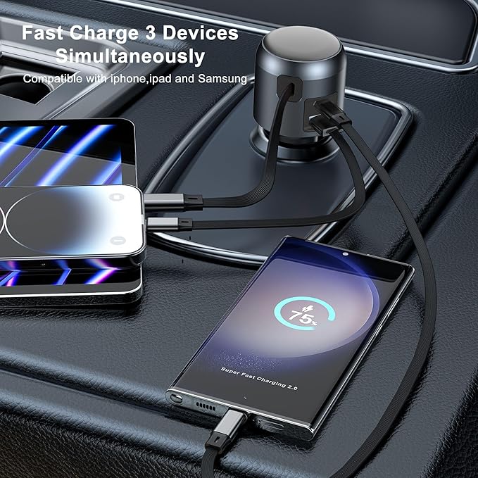 60W Retractable Car Charger, 3-in-1 USB-C Fast Charging Cigarette Lighter Adapter with Built-in Retractable Cable, Compatible with iPhone 16/15 Pro Max, Galaxy S25, iPad(Black)