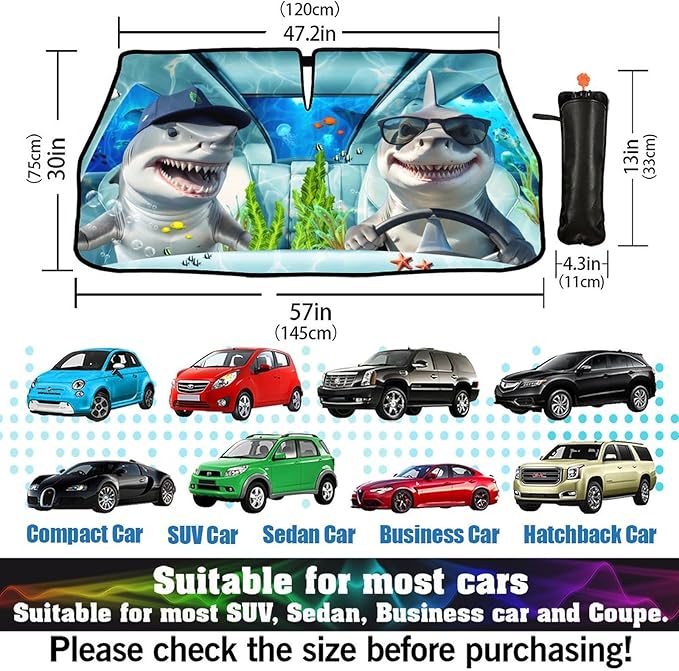 Socira Funny Sharks Car Windshield Sun Shade Umbrella Foldable Sunshade for Front Window Auto Windshield Sunshade Covers Car Accessories Protect from Sun Rays Heat 57'' X 30''