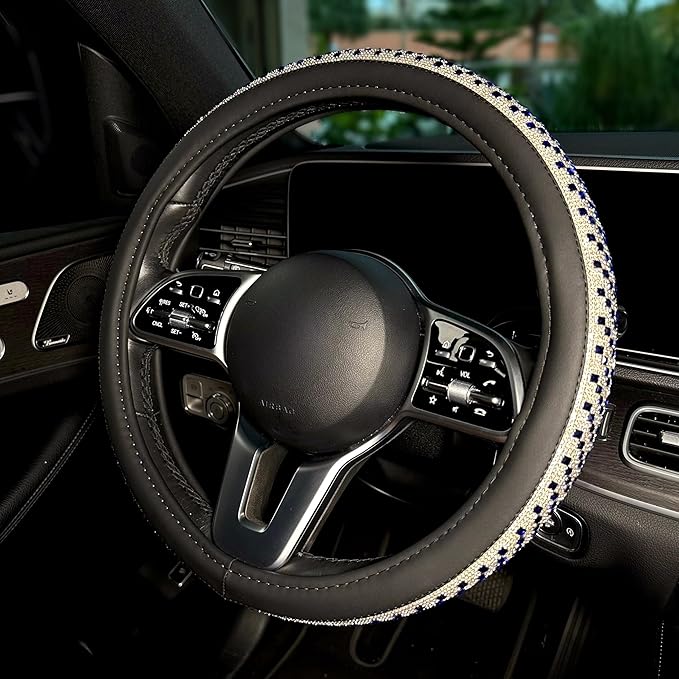 Lord AutoFashion 15 Inch Luxury Universal Steering Wheel Cover Rhinestone Crystals Anti-Slip Microfiber Leather for Women Girls Car Accessory Bling Diamonds (Blue JX06)