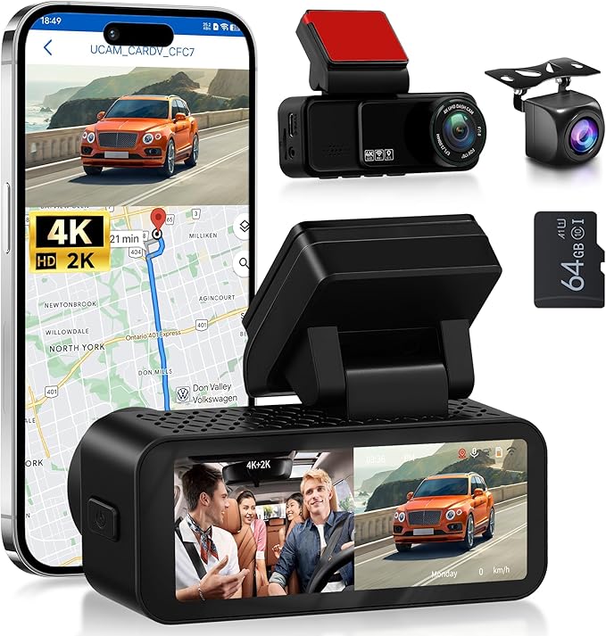2 Channel 4K Dash Cam Front and Rear, 3.16 Inch Dash Camera Support WiFi GPS Starlight Night Vision Sensitive Motion Detection 24/7 Recording Parking Mode Monitor Reversing Help ADAS BSD LCA