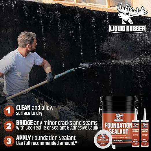 Liquid Rubber Basement and Foundation Repair Sealant - Waterproof Concrete Sealer & Crack Filler - Flexible Coating for Indoor & Outdoor Use - Waterproofing Paint - Black, 2.5 Gallon