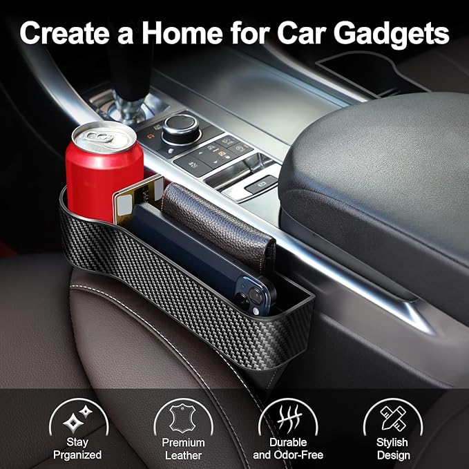 Car Seat Gap Filler, 2 Pack Car Seat Gap Filler Organizer with Cup Holders & 2 Seat Hooks, Car Console Storage Organizer, Car Organizer Front Seat for Storing Phones, Keys, Drinks, Sunglasses