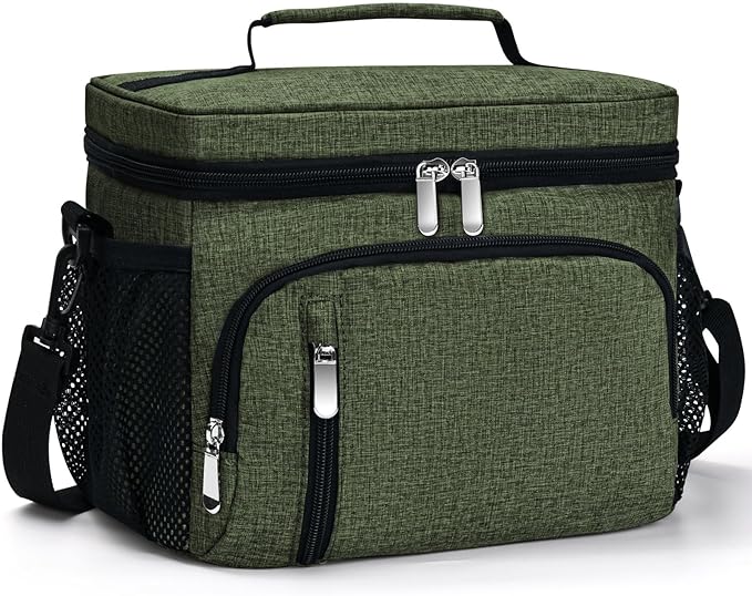 Insulated Lunch Bag for Men & Women, 9L Leakproof Lunch Box Soft Cooler Tote with 5 Pockets, 600D Oxford, EVA Lining, Adjustable Strap for Work, Picnic, Beach&Travel-Green