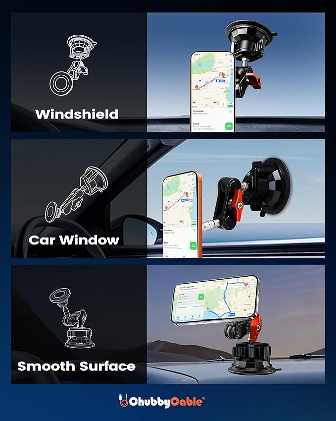 chubbycable ChubbyGrip Magnetic Car Phone Holder 360° Adjustable Car Phone Mount for Windshield, Ultra-Durable Metal Suction Cup Phone Mount for iPhone Samsung All Smartphone, Magnetic