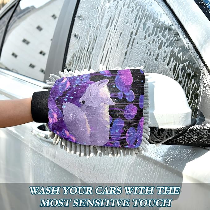 Emelivor Sleeping Fox Mushroom Fall Violet Car Wash Mitt Microfiber Cleaning Gloves Scrub Mitts Brush Scratch Free for Car Cleaning Supplies 2-Pack