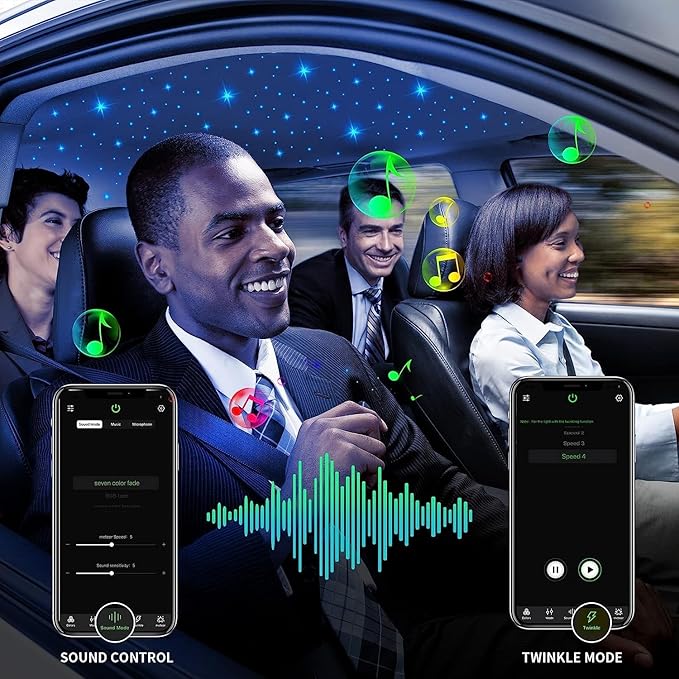 AMKI Upgraded 16W Starlight Headliner Kit Twinkle+Sound Activated 550pcs 0.03in 13.1ft Cable Sound Activated APP/Bluetooth Remote Control Fiber Optic Light for Car Roof Home Ceiling