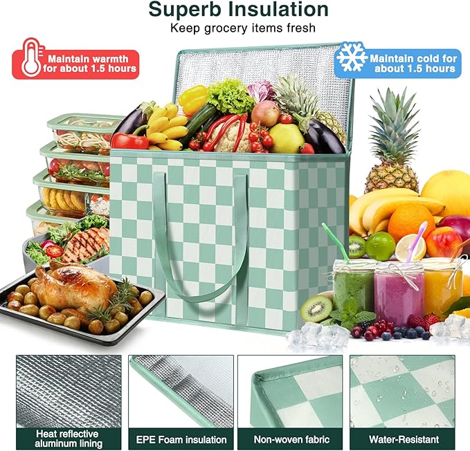 2 Pack Insulated Reusable Grocery Bags, Heavy Duty Warming Large Capacity Collapsible Cooler Delivery Bags for Pizza, Hot and Cold Food, Party Catering