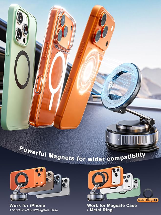 snanlen 2026 Upgraded Car Phone Holder for Magsafe [108LBS Strongest Suction] 360° Adjustable Vacuum Magnetic Phone Holders, Cell Phone car Mount for iPhone 17 Pro Max 16 15 14 13 12 Air Plus