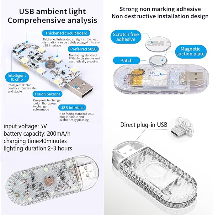 LumosAuto 4PCS Car Interior LED Lights, USB Powered Ambient Lighting Kit with Music Sync & Touch Control for Footwell, Dash Decoration, Safe Driving