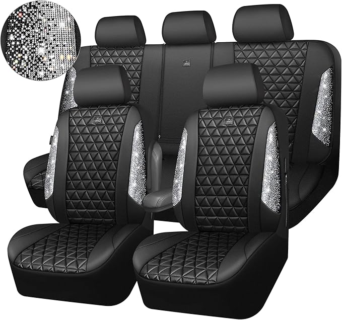 CAR PASS Bling Diamond Leather Car Seat Covers Full Seats Interior Sets, Waterproof Shining Glitter Sparkly Crystal Universal Armrest Fit Automotive Truck SUV Cute Women Girl, Black Silver Rhinestone