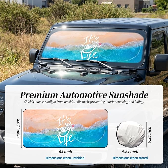 63"x28.5" Car Windshield Sun Shade with Storage Pouch, Stylish Printed Front Window Sunshade with Double Ring Frame, Universal Fit Foldable Heat Blocker & UV Protector for SUV, Sedan (Beach)