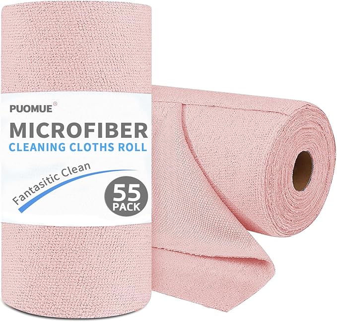Puomue 55 Pack Microfiber Cleaning Cloth Roll, Tear Away Reusable Towels, 11" X 9", Ultra Absorbent & Lint Free Microfiber Cloth for Cleaning Cars, Kitchen, Window, Home and Shop (Pink, 9"X11"-55PK)