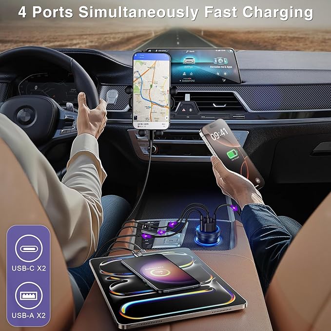 USB C Car Charger, 3 Pack 65W 4-Port Dual USBC & USB-A Car Charger Adapter Fast Charging Cigarette Lighter USB Charger Plug Cargador Carro Phone Accessories for iPhone 17 16 15 Pro Max, Galaxy S25