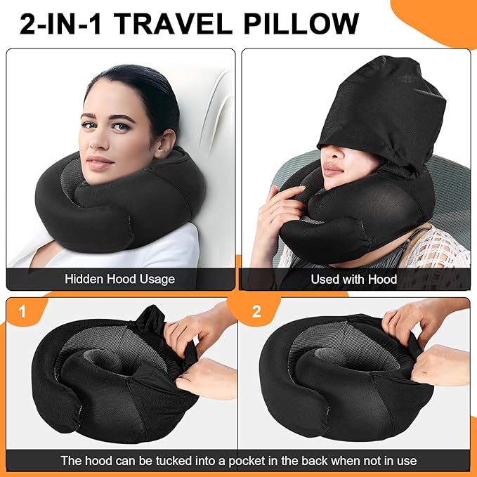 Travel Pillow - Hooded Neck Pillow Airplane Memory Foam Filling for Plane, Office, Cars Sleeping, Road Trip, Long Flights, Airplane Travel Essentials, Includes Eye Mask & Earplugs (Black)