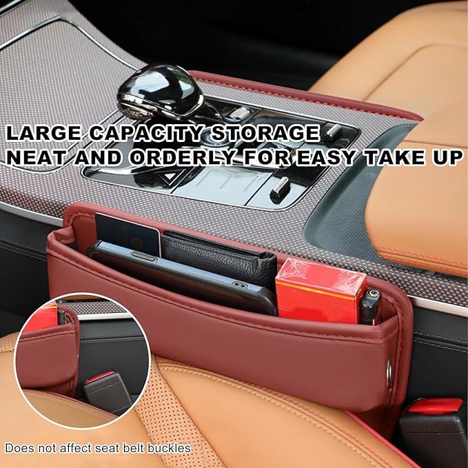 DXNQ Large Capacity Car Seat Gap Filler Organizer, Leather Car Front Seat Slot Storage Box Keeps Car Tidy, Portable Car Seat Gap Filler with 2 Charge Holes for Phones Glasses Keys Cards (Red)