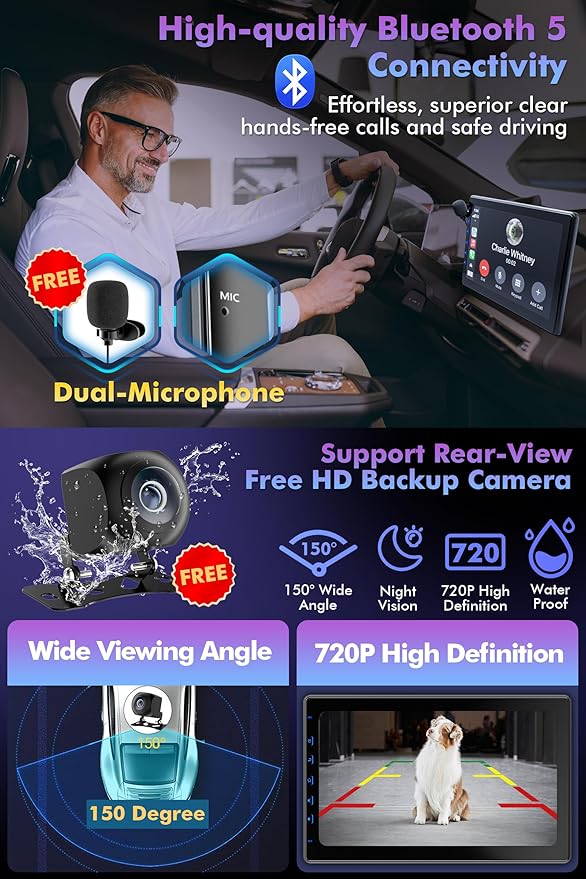 10 Inch IPS Touch Screen Double Din Car Stereo Compatible with Wireless Carplay, Android Auto, Mirrorlink - Car Radio Audio Stereo Receiver with Bluetooth, FM, 720P Backup Camera