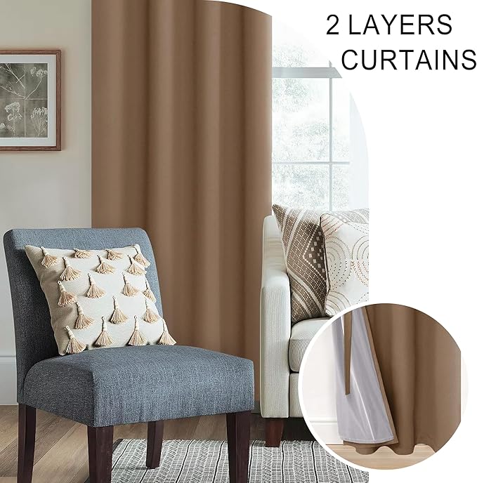 XWZO Complete Blackout Shades Window Curtain Panels with Tiebacks- Noise Reduction and Light Blocking Grommet Curtains with Black Liner for Studio, Basement, Cappuccino, W42 x L63, Set of 2 Panels