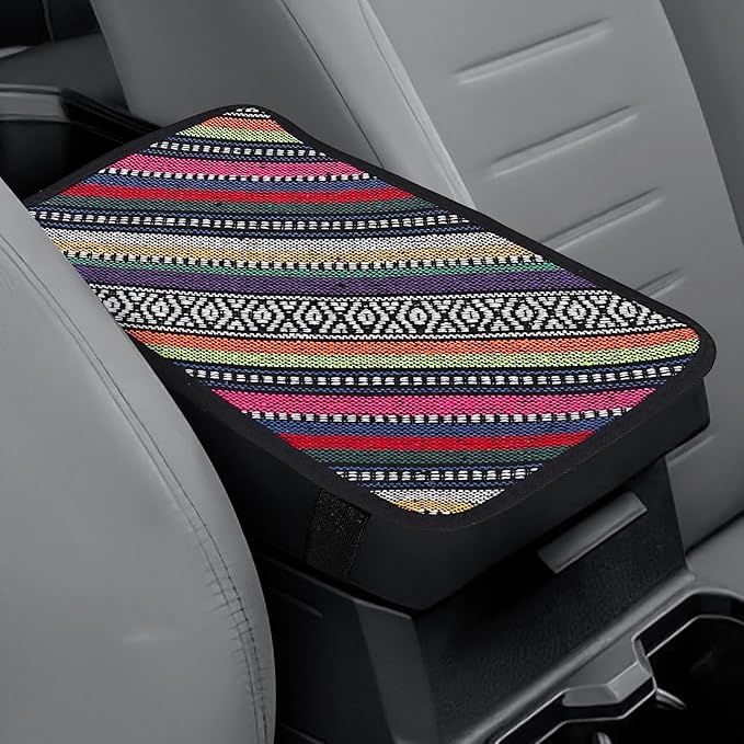 Bohemian Universal Armrest Cover Pad, Car Center Console Cushion, Boho Ethnic Style Auto Armrest Decorative Pad with Elastic Straps, Car Arm Rest Cover Protector for Vehicles (Armrest Cover-D)