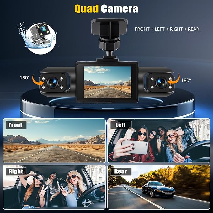 4 Channel Dash Cam Front and Rear Inside Left Right,2 Inch 1080P Front and Rear Dash Camera for Cars Car Camera with Night Vision,Loop Recording,Parking Assistance,24H Parking Monitor