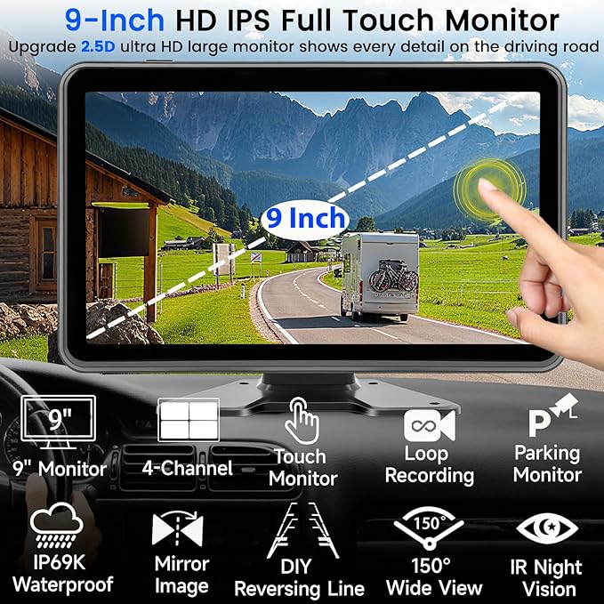 1080P Wired Backup Camera System for Truck/RV, 9" HD Touch DVR Quad Split Monitor 4 Side Rear View Cameras, 64GB Card Reverse Camera for Trailer/Tractor/Bus, Waterproof IR Night Vision Parking Line