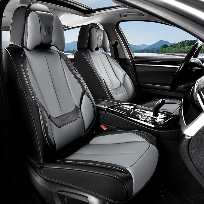 Coverado Seat Covers, Car Seat Covers Front Seats, Car Seat Cover, Car Seat Protector Waterproof, Seat Cushion Nappa Leather with Head Pillow, Carseat Cover Universal Fit for Most Cars (Black&Gray)