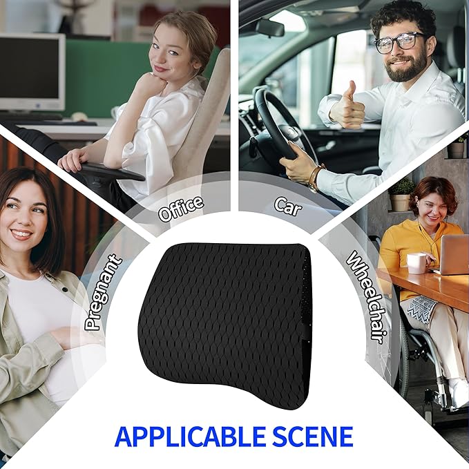 Lumbar Support Pillow for Car & Office Chair - High-Density Memory Foam for Sciatica & Lower Back Pain Relief - Non-Slip Back Support Cushion for Long Commutes & Desk Workers (4D Mesh Black)