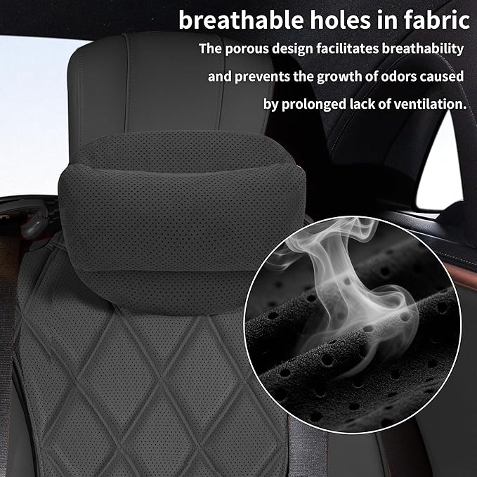 Car Headrest Pillow, Suede Car Headrest Pillow for Neck Support with Adjustable Strap, Universal Fit Head Rest Travel Pillow Car Pillow for Pain Relief (Black)