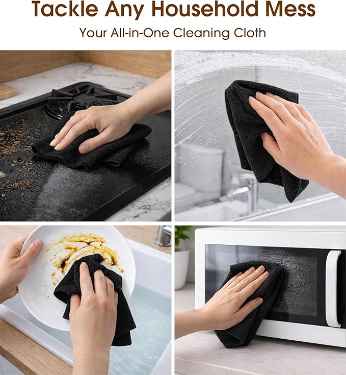 KitchLife Microfiber Cleaning Cloth Roll, 100 Pack - Tear-Away Microfiber Paper Towels, Lint-Free, Reusable, Washable for Kitchen, Car, Dishes, and Sensitive Surfaces (Black)
