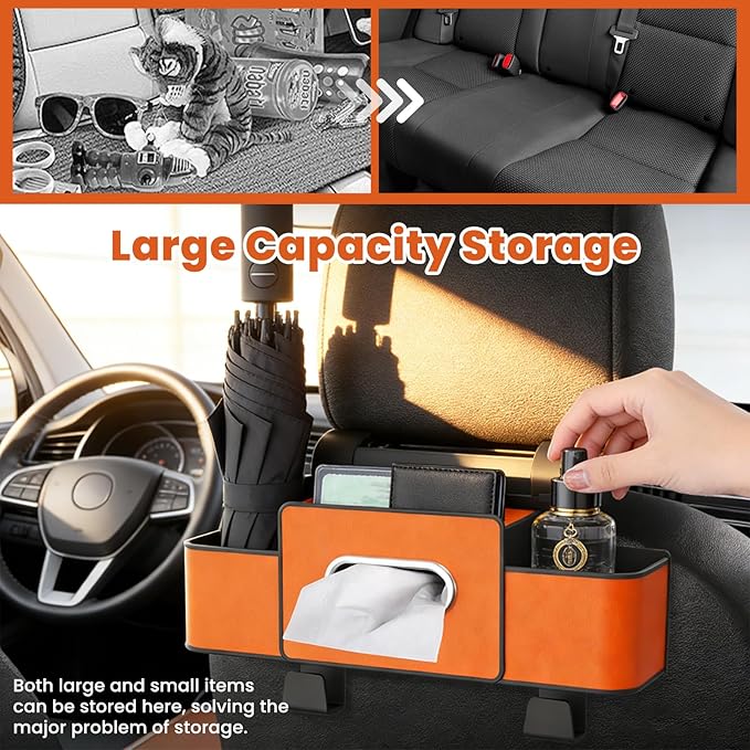 Multifunctional 3‑in‑1 Car Seat Back Storage Box Organizer with Cup Holders, Tissue Box Slot & Headrest Hooks – Backseat Car Organizer for Phones, Snacks, Drinks, Bags, Travel Storage (Brown)
