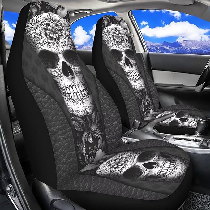 Sugar Skull Car Seat Cover Anti-Slip Back Fabric Soft Automobile Front Seat Covers Easy to Install All-Season Protection Universal Vehicle Accessories