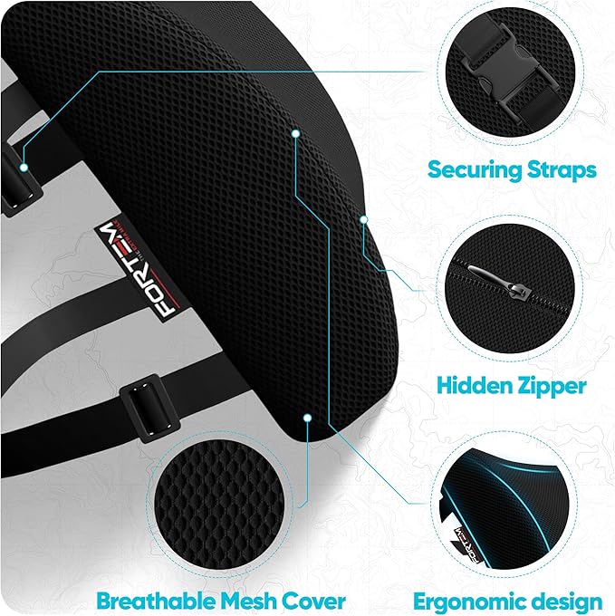 FORTEM Lumbar Support Pillow for Office Chair, Lumbar Support Pillow for Car, Back Rest for Gaming, Memory Foam Pillow, Desk Chair Cushion, Breathable & Washable Cover, Adjustable Straps