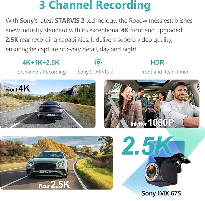 12" 3 Channel 4K Mirror Dash Cam, Sony STARVIS 2 IMX675 Night Vision, BSD Blind Spot Detection, 4K+1080P+2.5K Front Inside Rear View Camera, 5.8GHz WiFi, 24H Parking Mode, 128G Card