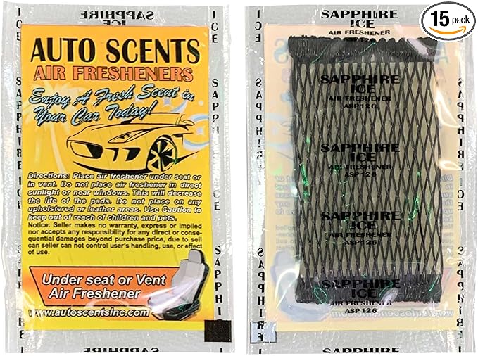 Individually Wrapped - Professional Car Air Freshener Pads - Remove Smells & Add Ambience (15 Per Pack) (Sapphire Ice)
