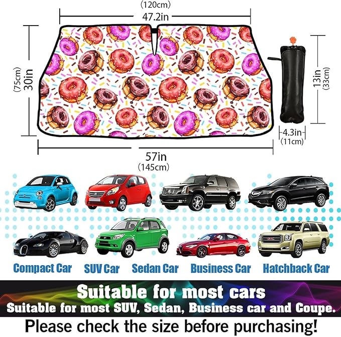 CHILL·TEK Funny Animal Car Windshield Sun Shade Umbrella, Cute Donuts Car Sun Shade Umbrella, Block UV Rays Heat Foldable Windshield Umbrella Sun Visor Protector - Keep Vehicle Cool for Cars SUV