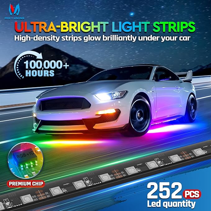 MICTUNING N3 Car Underglow Light Strip Kit, Chasing Dream RGB+IC LED, Exterior Lighting Accessories Underbody Multicolor Neon Accent Light Bar, App Control, IP68 Waterproof, 4PCS 2 Years Warranty