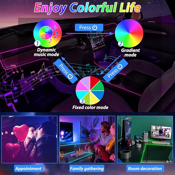 Car Led Strip Lights,Interior Lights,Ambient Lighting Kit With RGB 16 Million Colors Fiber Optics&Music Sync Rhythm,USB Neon Light Accessories for Center Console&Dashboard,Upgraded Version