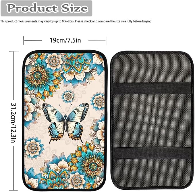 Butterfly Boho Center Console Cover for Car Soft Waterproof Armrest Cover Cushion Mandala Floral Armrest Seat Box Cover Protector for Most Vehicle SUV Truck Carssa