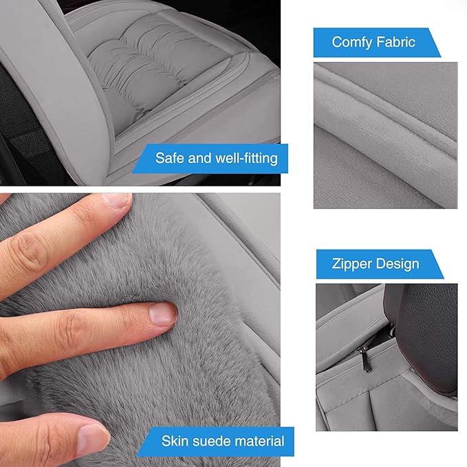 AOOG Fuzzy Car Seat Covers, Heated Bench Back Cushion Protector for Cars SUV Trucks(Front Pair,Grey)