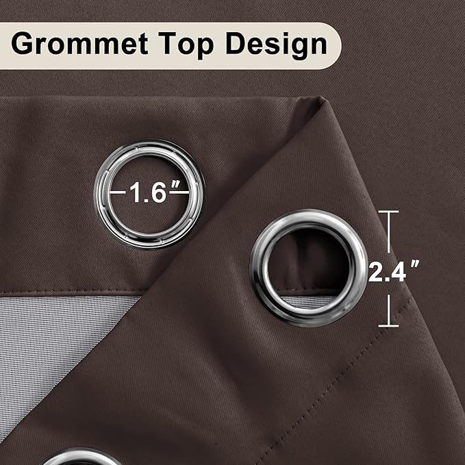 XWZO 100% Blackout Curtains with Tiebacks- Heat and Full Light Blocking Window Panels with Grommets & Thermal Insulated Draperies for Large Window, Brown, W70 x L84, Set of 2