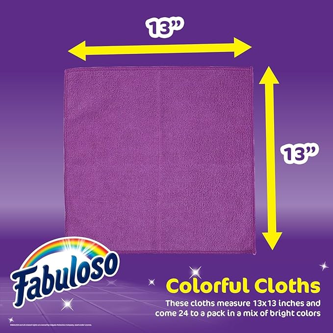 Fabuloso Microfiber Cleaning Cloths for Home & Car, Lint-Free Scratch-Free Rags for Glass, Kitchen & Wood, Reusable Machine Washable, Absorbent for Dusting & Wiping, Rainbow, 13 x 13 in, 24 Ct - 2 Pk