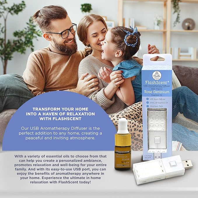Belle Aroma® FlashScent™ USB Aromatherapy Bundle - for Car, Office, Home, and Travel - Includes 1 Pearl White Rose Geranium Oil Diffuser Kit, 1 Lavender FlashScent Essential Oil, and 7 Refill Pads